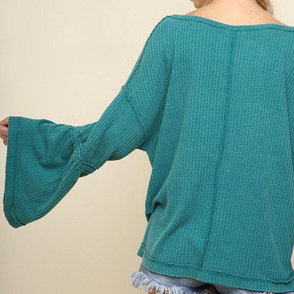 Slouchy Bell Sleeved Teal Waffled Shirt - Picture 2 of 3